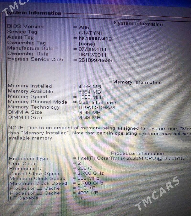 *** НОУТБУК DELL i7-2620Mhz/Ram 4(ddr3) *** - Aşgabat - img 3