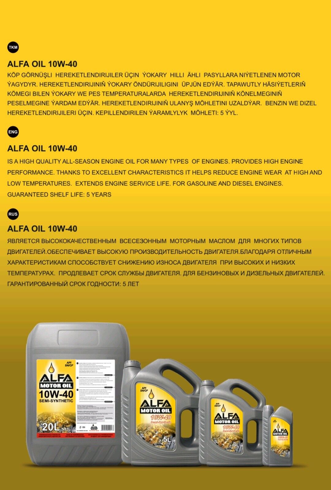 ALFA OIL full ýaglary 5L SN prisadkaly  10w-40 220 TMT - Ашхабад - img 3