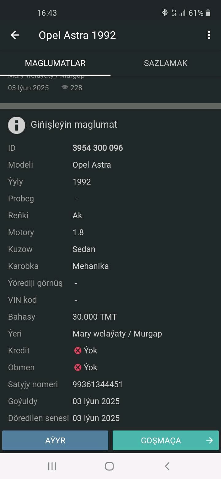 Opel Astra 1992 - 30 000 TMT - Murgap - img 4