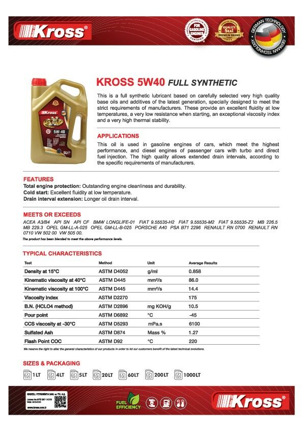 KROSS MOTOR OIL 5W40 5L API: SP SN 650 TMT - Ашхабад - img 2