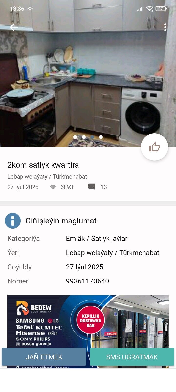 Eyesinden satlyk kwartira nyzo - Туркменабат - img 2
