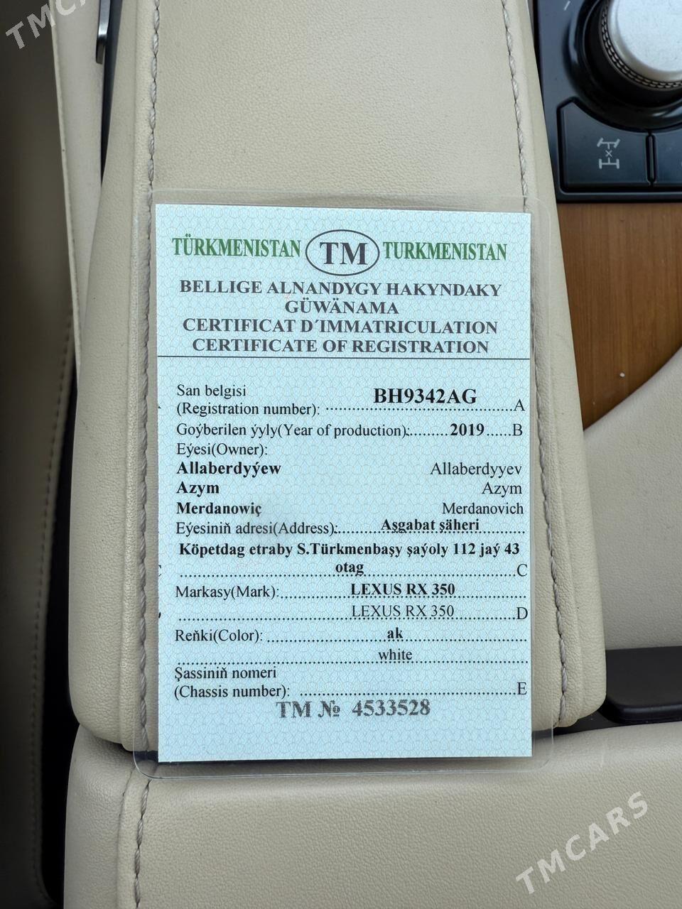 Lexus RX 350 2019 - 615 000 TMT - Ашхабад - img 3