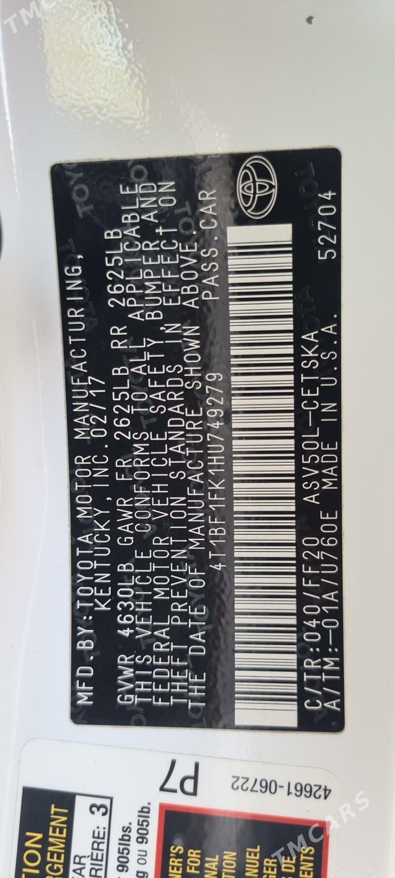 Toyota Camry 2017 - 310 000 TMT - Кëши - img 9