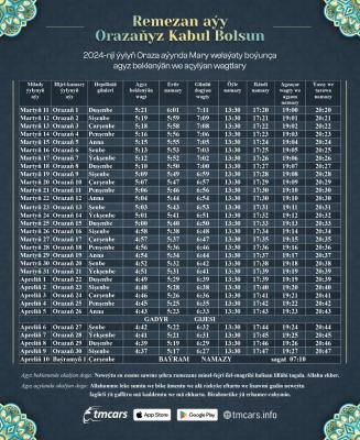 2024-nji ýylyň Oraza aýynda Türkmenistan boýunça agyz beklenýän we agzaçar wagtlary - img 6