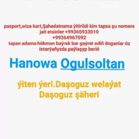 Pasport,Şahadatnama ýitirildi