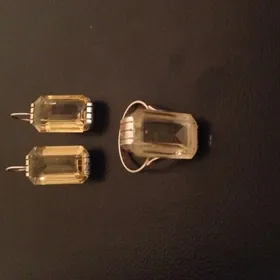 Серьги и кольцо из позолоченного серебра. Цитрин