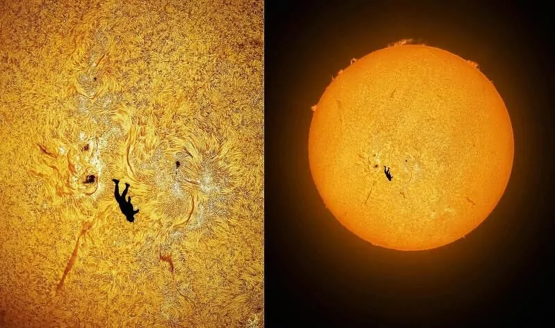 Astrosuratçy Günüň fonunda aşak gaçyp barýan adamyň suratyny düşürdi