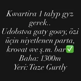 Kwartira talyp gyz gerek